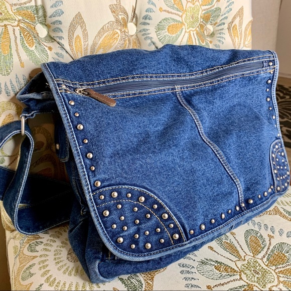 Handbags - Denim Studded Large Crossbody Messenger Bag